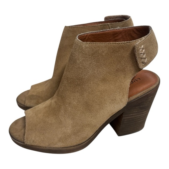 Lucky Brand Odenah Sandal Slingback Block Heel Ankle Shoe Size 6.5 Brown Suede - Picture 1 of 8